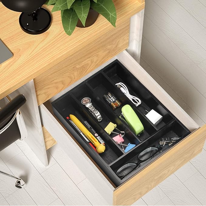 Small Kitchen Utensils Drawer Organizers Black Wooden Cutlery Tray Flatware Silverware Organizer Divider Storage Narrow Wood Silverware Utensil Tray Bamboo Cutlery Fork Spoon Holder for Drawer