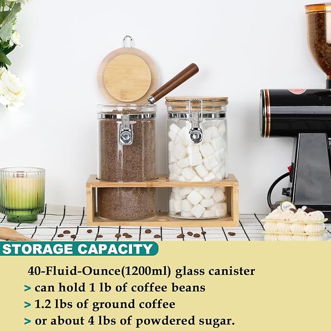 KKC HOME ACCENTS Airtight Borosilicate Glass Coffee Beans & Loose Tea Storage Canisters with Bamboo Clamp Lid & Scoop - Glass Food Storage Jars for Nuts,Sugar, Kitchen Pantry Organization - 40 Fl.Oz