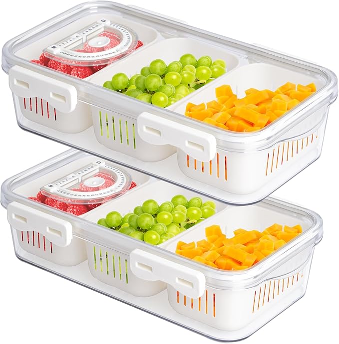 Eanpet 2Pack Divided Snackle Box Charcuterie Container Poratble Bacon Container for Refrigerator 3 Compartment Serving Veggie Tray with Lid Portable Travel Fruit Caddy for Cheese,Candy,Ham,Salad