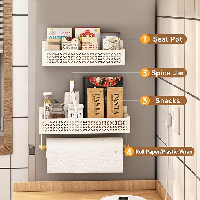 2 Pack Magnetic Spice Rack for Refrigerator with Upgraded Paper Towel Holder,Moveable Magnetic Shelf Fridge Organizer for Kitchen Organizer Storage (White)