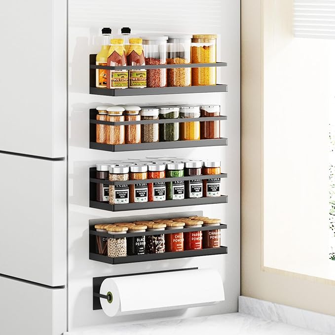 Magnetic Spice Rack for Refrigerator Magnetic Fridge Shelf for Kitchen Spice Organizer Magnetic Shelf for Fridge Space Saving Black 4 Pack with Magnetic Paper Towel Holder