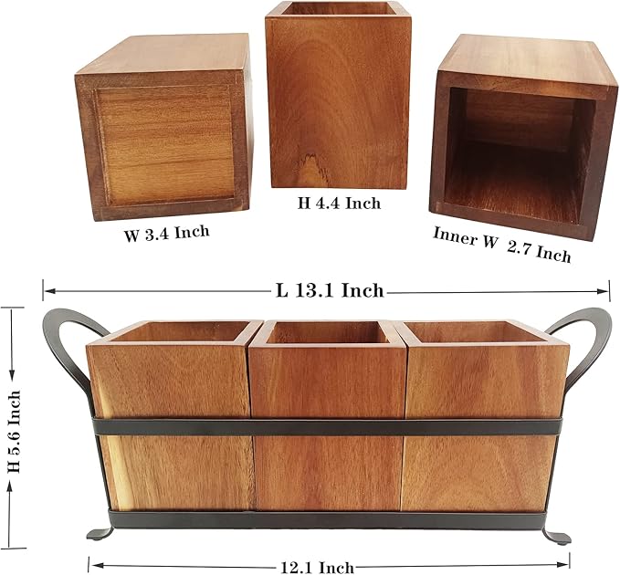 Utensil Caddy Silverware Cutlery Holder with 3 Compartment, Wooden Utensil Crock Flatware Organizers with Metal Tray, Rustic Kitchen Utensil Organizers for Farmhouse Kitchen and Countertop