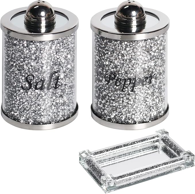 Crystal Salt and Pepper Shakers Set with Tray,Sparkly Crystal Crushed Diamond House Decor for Kitchen,Bling Salt Pepper Jar Container Pot for Countertop,saleros para cocina elegantes,Silver