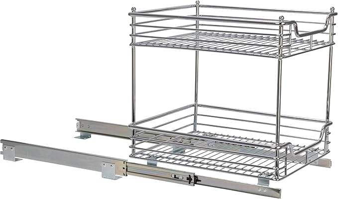 Household Essentials Glidez Multipurpose Chrome-Plated Steel Pull-Out/Slide-Out Storage Organizer for Under Cabinet Use - 2-Tier Design - Fits Standard Size Cabinet or Shelf, Chrome
