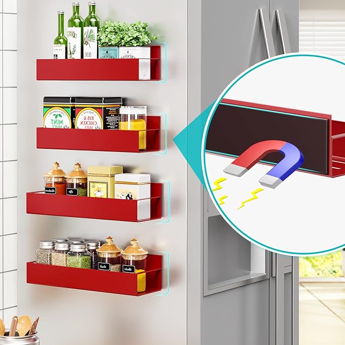 4 Pack Moveable Fridge Magnetic Spice Racks,Metal Red