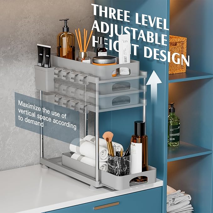 Under Sink Organizers and Storage, 2 Pack Under Kitchen Bathroom Sink Organizer, 2 Tier Under Cabinet Pull Out Storage, Adjustable Under Counter Storage Organizer, Gray