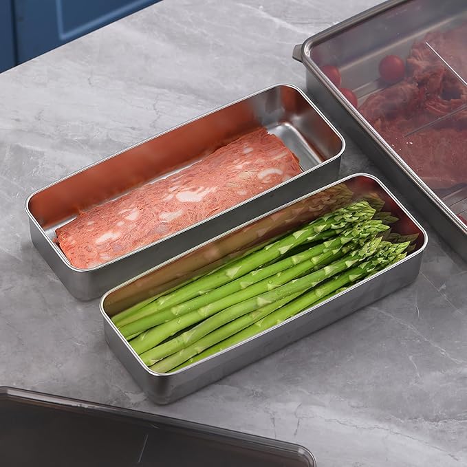 3Pack Bacon storage container for fridge,304 Stainless Steel Airtight Deli meat container/Kitchen Meat Saver Storage Container (2 Pack M+1 Pack L)