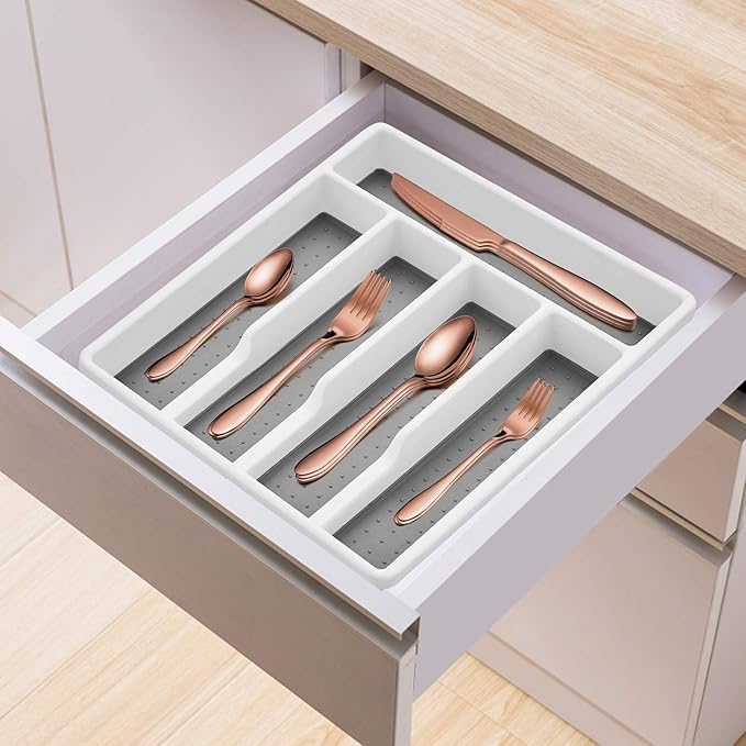 E-far Silverware Organizer, Plastic Cutlery Flatware Tray for Drawer, Utensil Tableware Holder/Divider for Kitchen with 5 Compartment & Non-slip Rubber Grips, 12.6 x 11.4-Inch, Grey