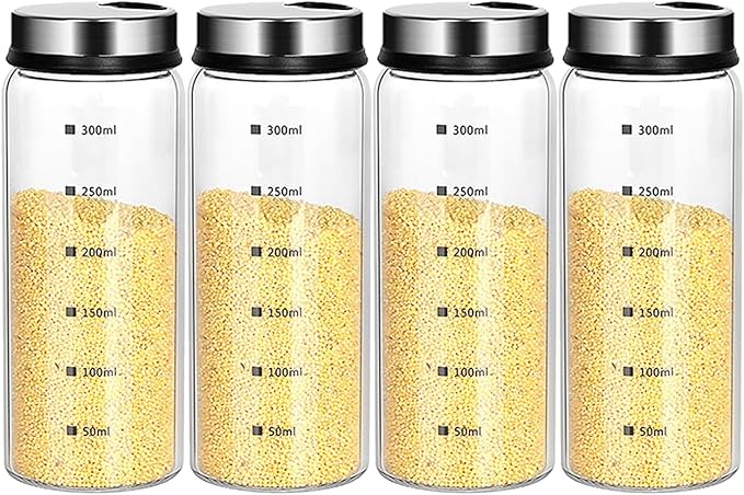 10 oz Salt and Pepper Shakers Set with Adjustable Outlet Holes Clear Glass Bottle Spice Seasoning Cans Jar for Kitchen Decor and Home Restaurant BBQ Camping Farmhouse Kitchen Accessories(4 Pcs, 300ML)