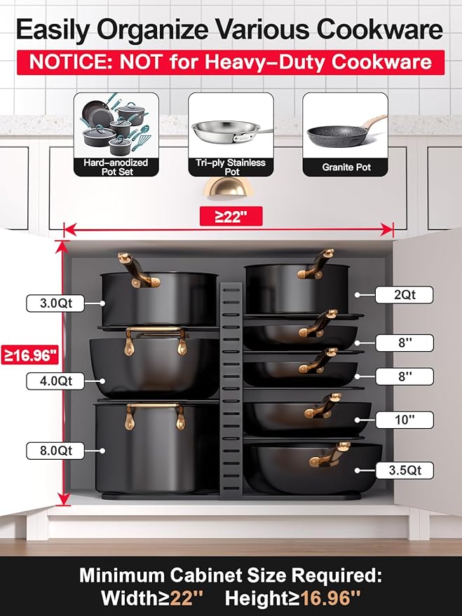 MUDEELA Pots and Pans Organizer : Rack under Cabinet, 8-Tier Kitchen Cabinet Organizers and Storage, Light-Duty Adjustable Pot Racks, Pan Organizers inside Cabinet with 3 DIY Methods