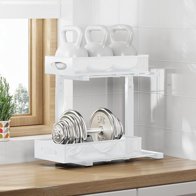 IUI 2 Tier Metal Pull Out Cabinet Organizer,Rust Proof Under Sink Organizer with Sliding Drawers, Multi-Use Under Cabinet Shelves Organizers for Kitchen Bathroom Cabinet Desk Etc,White