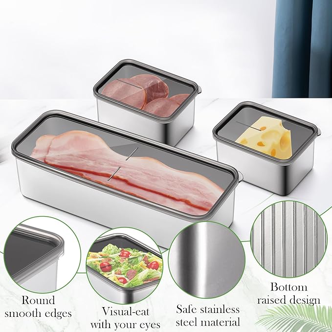 Hushee 3 Pcs Deepen Bacon Cheese Container Large Capacity 304 Stainless Steel Storage with Lids Deli Meat Container Dishwasher Safe Fridge Organizer for Fruit Lunch Storage