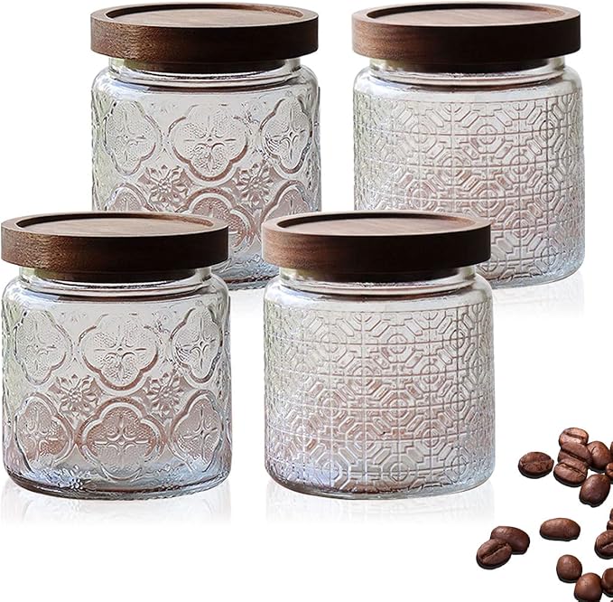 Glass Jar with Lid,4 PCS Airtight Glass Food Storage Container Set,Square Clear Glass Jars Wide Mouth Food Storage Canister with Wooden Lid for Sugar Coffee Beans Tea Spice Oats Snacks (450ML)