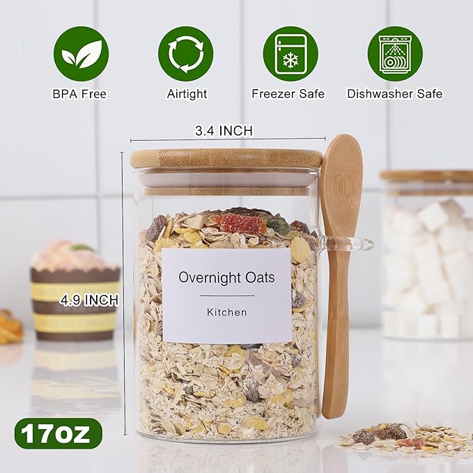 Sugar Jar Bath Salt Container – 17 oz Glass Jar with Bamboo Lid and Spoon, Sugar Cube Holder and Canister for Countertop, Glass Containers for Coffee Beans, Tea and Overnight Oats (4 Pack)
