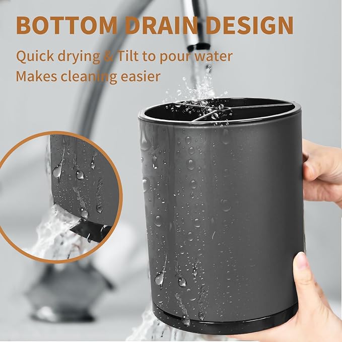 Extra Large Kitchen Utensil Holder - 360° Rotating Stainless Steel Cooking Utensil Holder for Countertop, 3 Compartment Flatware Organizer & Utensil Caddy with Removable Base(Grey)