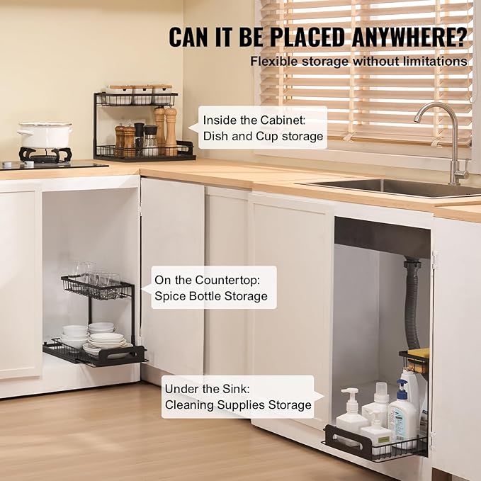 VEVOR 2 Tier Pull Out Cabinet Organizer(10.7" W x 14.2" D), Under Sink Organizer and Storage, Slide Out Drawer Cabinet Organizer, Wire Basket Sliding Shelf Storage for Kitchen Bathroom Cabinet, Black