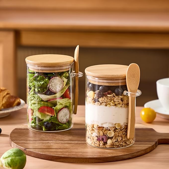 Set of 4 Airtight Glass Jars with Bamboo Lids and Spoons, 22 OZ Overnight Oats Containers with Lids,Glass Food Storage Jars Perfect for Coffee, Tea, Sugar, Spices, Beans, and More