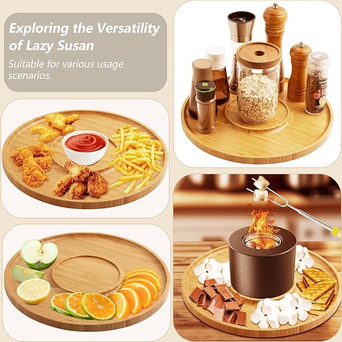 13" Bamboo Wood Lazy Susan Organizer Turntable for Kitchen Spice Rack Rotating for Cabinet, Countertop, Dining Table Top or Pantry, Smores Maker Station for Tabletop Fire Pit
