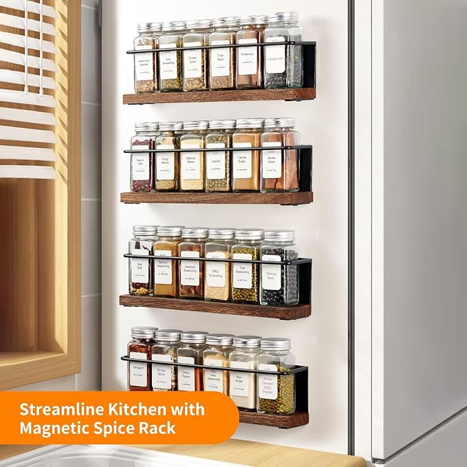 2 Pack Strong Magnetic Spice Rack Organizer for Refrigerator and Microwave Oven, Metal Fridge Shelf, Space Saver for Kitchen Organization and Storage, Black