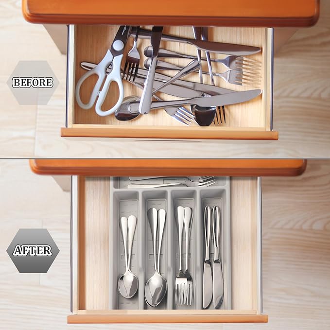 Silverware Organizer with Cutlery Icons,Silverware Tray for Kitchen Drawer,Plastic Flatware Tableware Cultery Drawer Organizer Utensil Organizer with Non-slip TPR Linings,5-Compartment,Grey