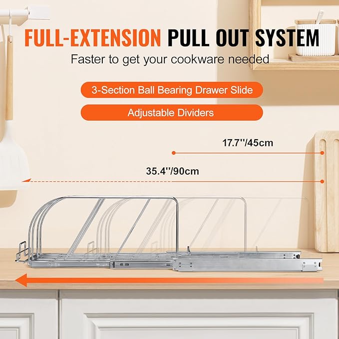 VEVOR Pan and Pot Rack, Expandable Pull Out Under Cabinet Organizer, Cookie Sheet Baking Pans tray Organization, Adjustable Wire Dividers, Steel Lid Holder for Kitchen Cabinet & Pantry Storage, 11.7"W