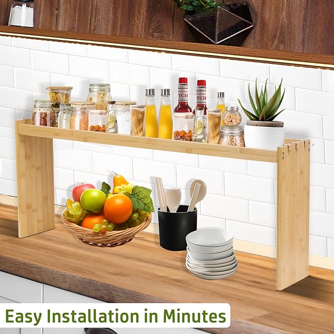 Bamboo Stove Top Shelf - Over The Stove Shelf for Kitchen, 31" Countertop Spice Rack Organizer Kitchen Space Savers, Protective Lips with 6 Hooks, Easy to Assemble
