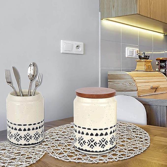 2 Pack Ceramic Coffee Canisters Set, 29 FL OZ (850 ml), Super Airtight Wooden Lid, Starry-Sky Bohemian Style, Sturdy for Dishwasher, Kitchen Food Storage Jar for Coffee Bean Sugar Tea Spices