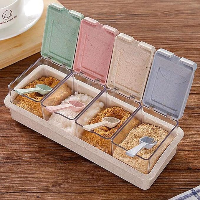 4-Grids Spice Jars, Transparent Seasoning Box Pepper Salt Seasoning Can Pot with Spoon for Home Kitchen