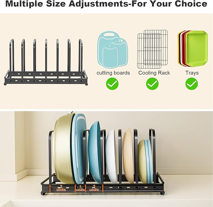 Cutting Board Organizer, 1Pcs Metal Bakeware Organizer Rack Holder Adjustable 7 Slots kitchen Cabinet Storage Rack for Cookie Cooking Sheet, Pan, Pot, Lids, Molds Cookware, 11.02x 5.91x5.51