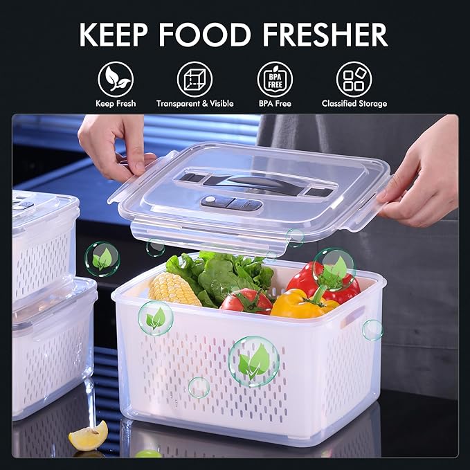 HOTEC 5pcs Large Fruit Storage Container with Removable Colander, Dishwasher & microwave safe Largest 6.2L