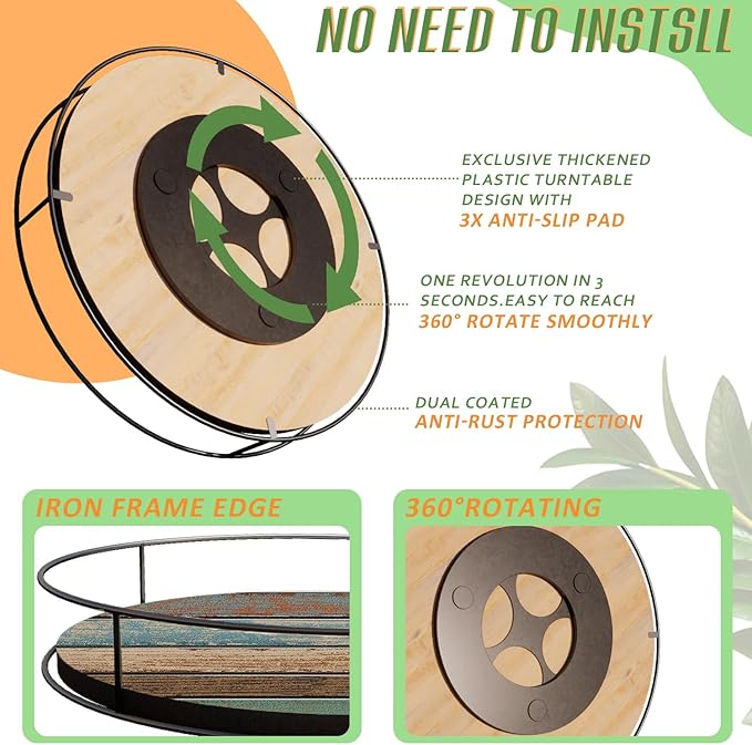 12 Inch Turntable Wooden Lazy Susan, Non-Skid Turquoise Wooden Board Turntable Organizers for Cabinet, Pantry, Kitchen, Perfect Spice Rack Solution
