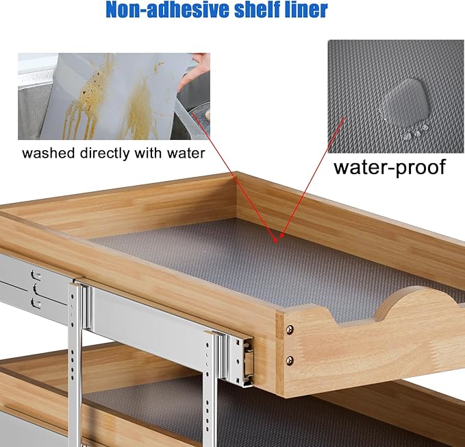 DINDON 3 Tier Pull Out Cabinet Organizer 17”W X21”D Slide Out Shelves With Shelf Liner for Kitchen Wood Roll Out Drawers Pantry Organization