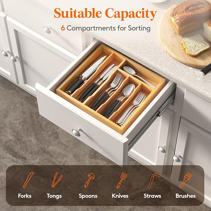 Lifewit Silverware Drawer Organizer Tray, Bamboo Cutlery Storage for Kitchen Drawer, 6 Compartment Flatware and Utensil Holder Divider for Spoons Forks Knives Tableware, Natural