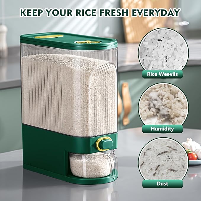 22 Lbs Rice Dispenser, Large Dry Food Storage Container with with Measuring Cup & Time Scale, Food Dispenser Kitchen Organization and Pantry Store for Cereal Dry Food (Green)