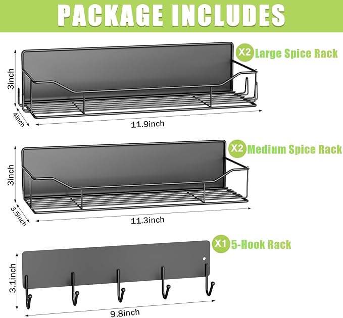 Magnetic Spice Rack for Refrigerator, 5 Pack Metal Strong Magnet Spice Organizer Shelves with Hook Rack, Space Saving Magnetic Fridge Shelf for Home Kitchen Organization and Storage (Black)