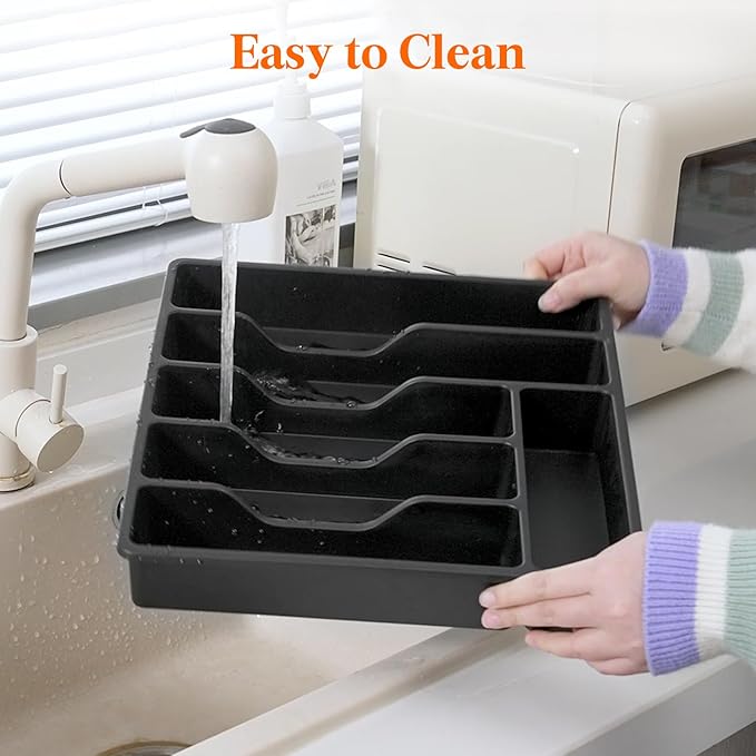Lifewit Silverware Organizer with Lid, Covered Utensil Tray for Kitchen Drawer and Countertop, Plastic Cutlery and Flatware Storage Box for Spoons Forks Knives Holder, 6 Compartments, 2 Pack, Black