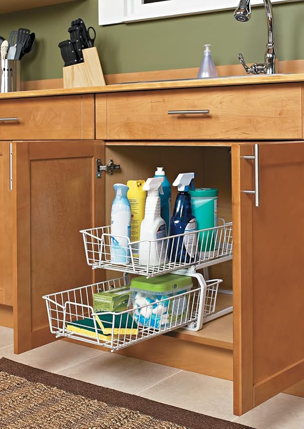 ClosetMaid Pull Out Cabinet Organizer 2, Heavy Duty, Slide Out Pantry Shelves Drawers for Kitchen, Bathroom, White, 11-Inch Two Tier