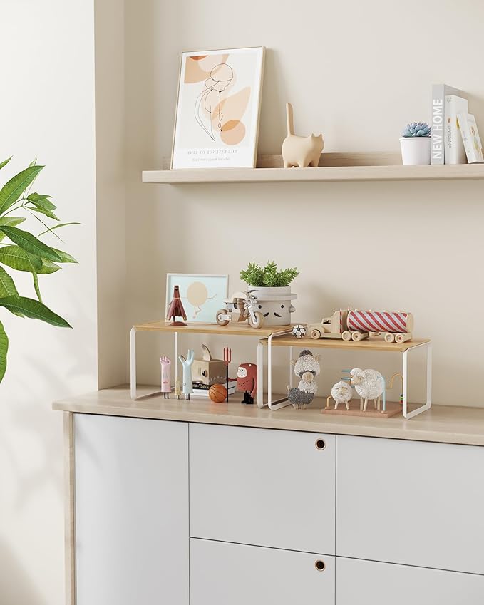 SONGMICS HOME Bamboo Cabinet Organizer Shelf, Nice-Looking Set of 2 Kitchen Counter Shelves, Kitchen Storage, Spice Rack, Stackable, Expandable,Natural Beige UKCS050N01V1