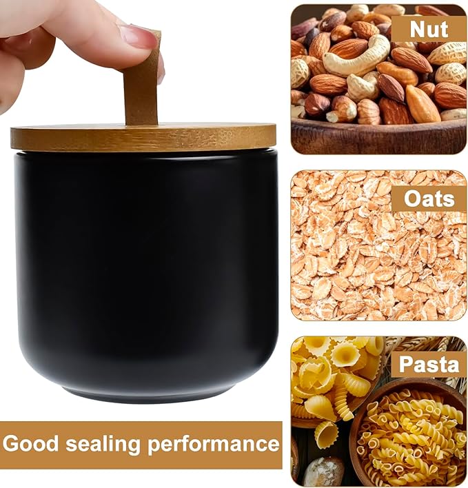 Set of 3 Airtight Ceramic Kitchen Canisters with Bamboo Lids, Food Storage Jars for Flour, Sugar, Coffee, Tea Pantry Organization, Dishwasher Safe