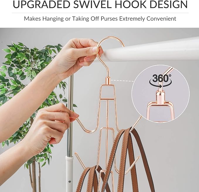 ZEDODIER Purse Hanger Organizer for Closet, Hanging Bag Holder, Keeping Purses Visible and in Good Condition, Metal Handbag Storage Hook Backpack Rack Space Saving Hanger, Rose Gold
