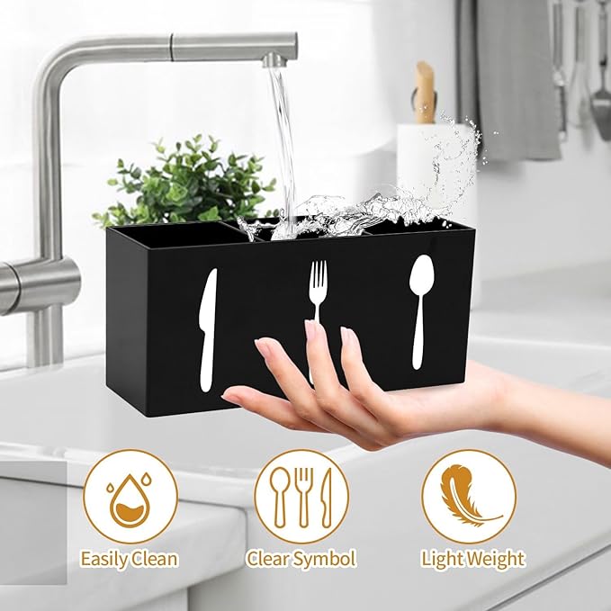Plastic Utensil Holder, Knife Fork and Spoon Holder Silverware Caddy, Acrylic Kitchen Cutlery Storage Box, Flatware Organizer for Countertop, Indoor Outdoor Party Tableware Holder (Black)