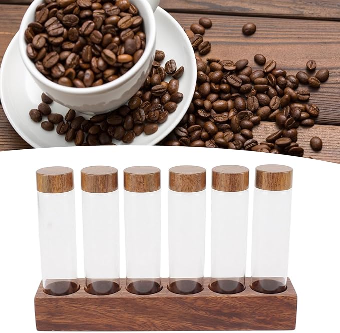 Coffee Bean Storage Tubes Single Dose, 6PCS or 12PCS Coffee Bean Cellar, Dosing Glass Vials with Lids, Wooden Display Stand and Funnel, Airtight Sealed Glass Canister Jars Tubes