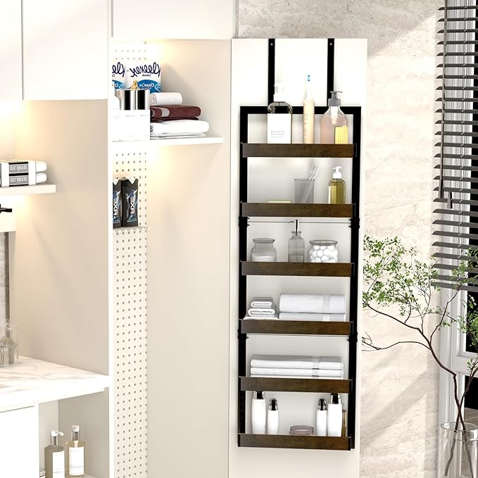 Over The Door Organizer, 6-Tier Over The Door Pantry Organizer, Heavy Duty Metal Frame, Spice Rack, Behind the Door Storage for Kitchen, Bathroom, Laundry Room, 16.9”L×6.3”W×51.2”H (Black)