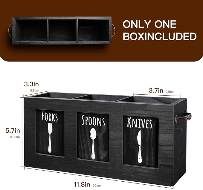 Wood Flatware Organizer, Rustic Utensil & Silverware Holder for Forks, Spoons, Knives, Farmhouse Kitchen Cutlery Caddy Bin Countertop - Black