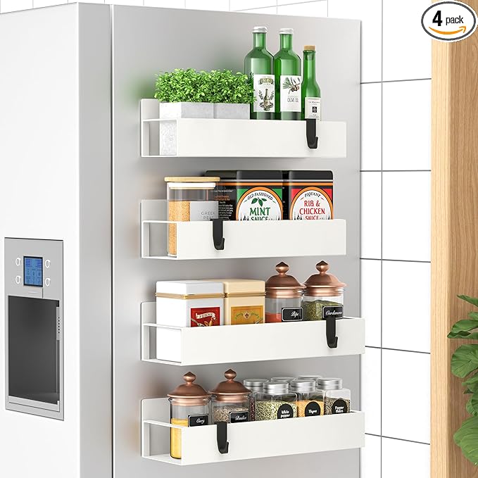 4 Pack Magnetic Spice Storage Rack Organizer for Refrigerator and Oven, Cream White Fridge Organizers and Storage