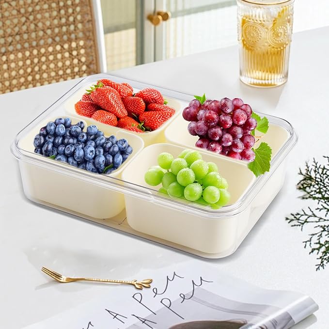 Divided Serving Tray with Lid and Handle, Snackle Box Container mit 4 Compartments Clear Serving Platters and Trays,Snack Platters for Veggie Fruits Snacks Nuts, for Picnic Party Travel