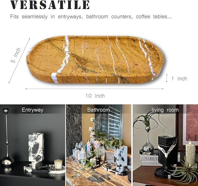 JINGJU Marble Oval Tray 10”x5”, Natural Stone Decorative Tray for Jewelry, Candle, Bathroom Counter, Coffee Table, Perfume Display