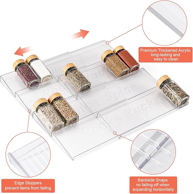 Acrylic Spice Drawer Organizer, 4 Tier- 4 Pack Clear Spice Rack Tray for Drawer/Countertop, Expandable From 11'' to 22'' Kitchen Seasoning Organizers(Jars Not Included)