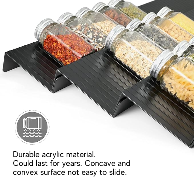Spice Drawer Organizer,Spice Rack Drawer for Kitchen, 4 Tier Acrylic Drawer Spice Organizer for Jars and Packets,Expandable From 11" to 22" 8 Pack (black)