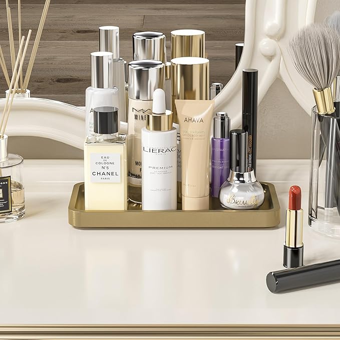 Weenson Gold Bathroom Vanity Tray for Countertop Makeup Perfume Jewelry Decor Candle Keys, Bamboo Kitchen Tray for Soap Dispenser Spice, Small Toilet Tray Nightstand 7.9" L x 4" W x 0.79" H